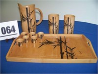 Bamboo Wood Tray, Pitcher, Glasses, Napkin Rings