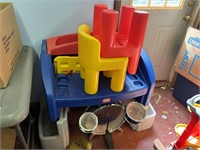 little tikes desk and 2 chairs and drum set