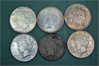 Six 1923 US Peace silver dollars