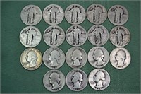 18 US silver quarters: 10 Standing Liberty, 8 Wash