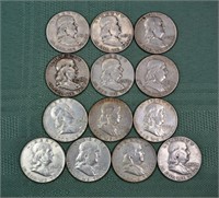 13 US Franklin silver half dollars, 1951-63