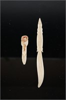 Two bone letter openers figural crocodile