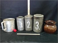 STEEL CANISTER SET, STONEWARE POT