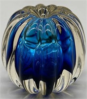 Art Glass Blue Flower Encased in Clear Paperweight