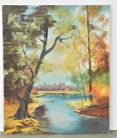 Trees & River Signed Original Oil Painting