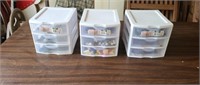 3 Sterilite three drawer storage with contents,