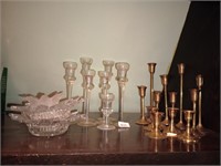 Great group of glass and brass candle holders