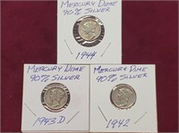 (3) 1940's Silver Mercury Dimes