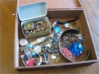 10.5"x 8.5"x 3" Wood Box Of Vintage Jewelry