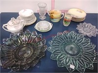 Opalescent glass & china tea sets, plates