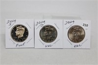 (3) Kennedy Half Dollars 2009 P,D BU and S Proof