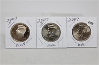 (3) Kennedy Half Dollars 2007 P,D BU and S Proof