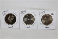 (3) Kennedy Half Dollars 2003 P,D BU and S Proof