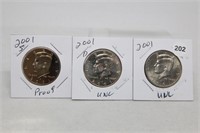 (3) Kennedy Half Dollars 2001 P,D BU and S Proof