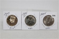 (3) Kennedy Half Dollars 2005 P,D BU and S Proof