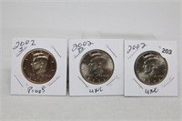 (3) Kennedy Half Dollars 2002 P,D BU and S Proof