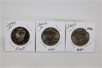(3) Kennedy Half Dollars 2004 P,D BU and S Proof