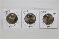 (3) Kennedy Half Dollars 2006 P,D BU and S Proof