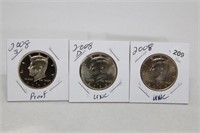 (3) Kennedy Half Dollars 2008 P,D BU and S Proof