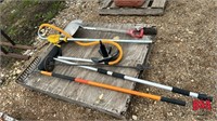 Pallet of Shovel, Rake, Broom, Barrel Pump