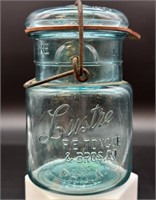 Antique Lustre Aqua Pint Wire Top Fruit Jar