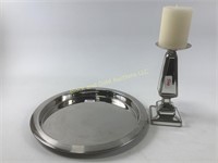 Silver colored metal tray & mirror candle