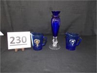 (2) Shirley Temple Pitchers & Blue Glass Vase