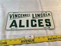 Vintage Metal Vincennes Lincoln Alices License