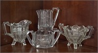 Two Sets Antique Etched Glass Cream and Sugars