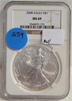 NGC GRADED MS69 2008 SILVER EAGLE DOLLAR
