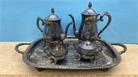Silver Plate Tea/Coffee Service & Footed Tray