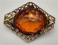 Vintage Pin w/Large Amber Stone & Fancy Metal Work