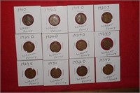 (12) Wheat Pennies  1910 to 1938-S Mix