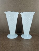 2 Vtg Anchor Hocking Hobnail Milk Glass Vases