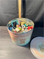 Large Tin Full Of Sewing Thread Spools