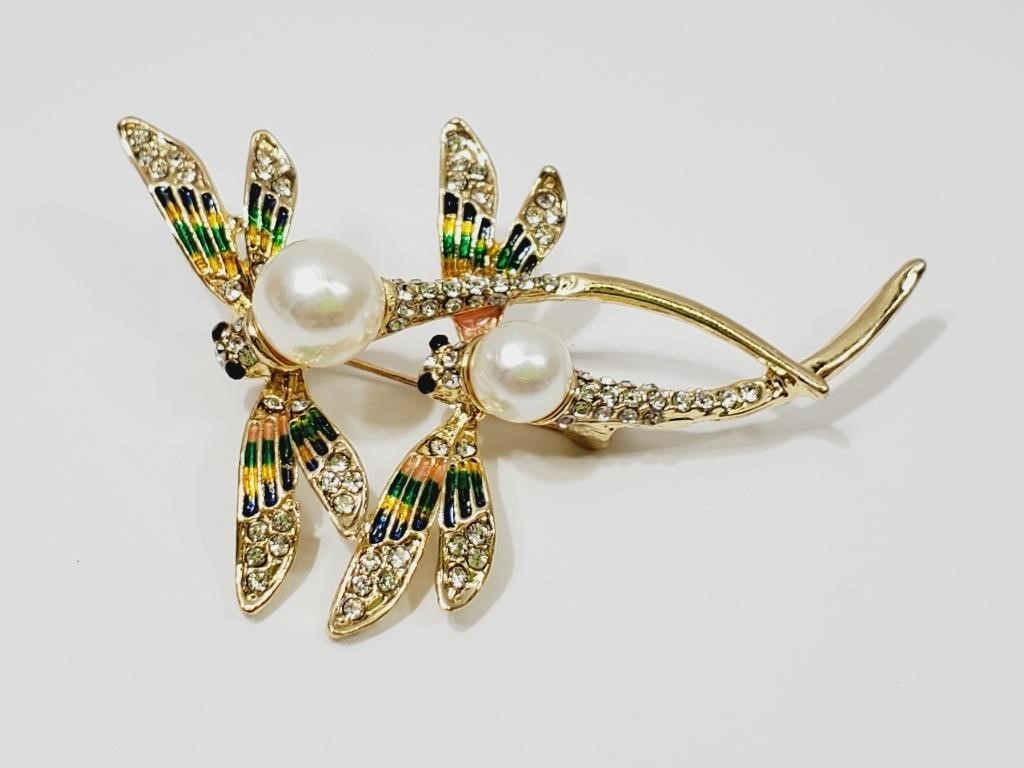 Double Dragonfly Crystal Brooch