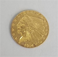 1914 Fine Gold Indian Head 2 1/2 Dollar Coin.