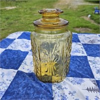 Vintage Large embossed Yellow Glass Covered Jar