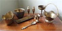 Brass bowls, baskets, vases, salt and pepper