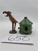 Antique Iron Parrot, Ceramic Ashtray Hut