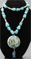 Chinese Turquoise & Cloisonne Necklace with Fish
