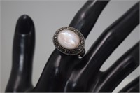 Sterling Mother-of-Pearl & Marcasite Ring   Sz 9