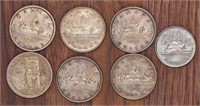 7 x  Canadian Silver Dollars  (1950-1968)
