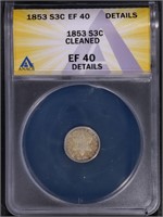 1853 3C Three Cent silver ANACS EF 40 Details