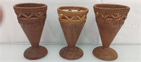 3 turned wood and woven sweet grass cups