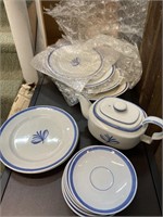 Lot of round plates with blue trim handmade in