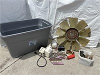 Blue tote with fan blade, pump, misc hardware