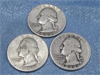 Three 90% Silver Quarters Assorted Dates