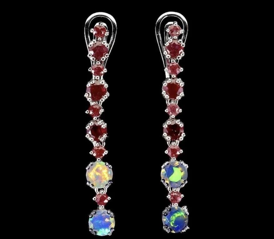 Sterling Silver Fire Opal Ruby Dangle Earrings