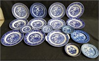 Group of Willow Ware by Royal china plates, box